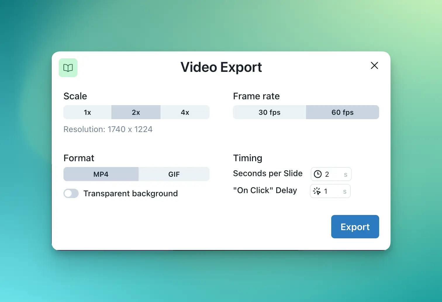 Screenshot of the Video Export modal.