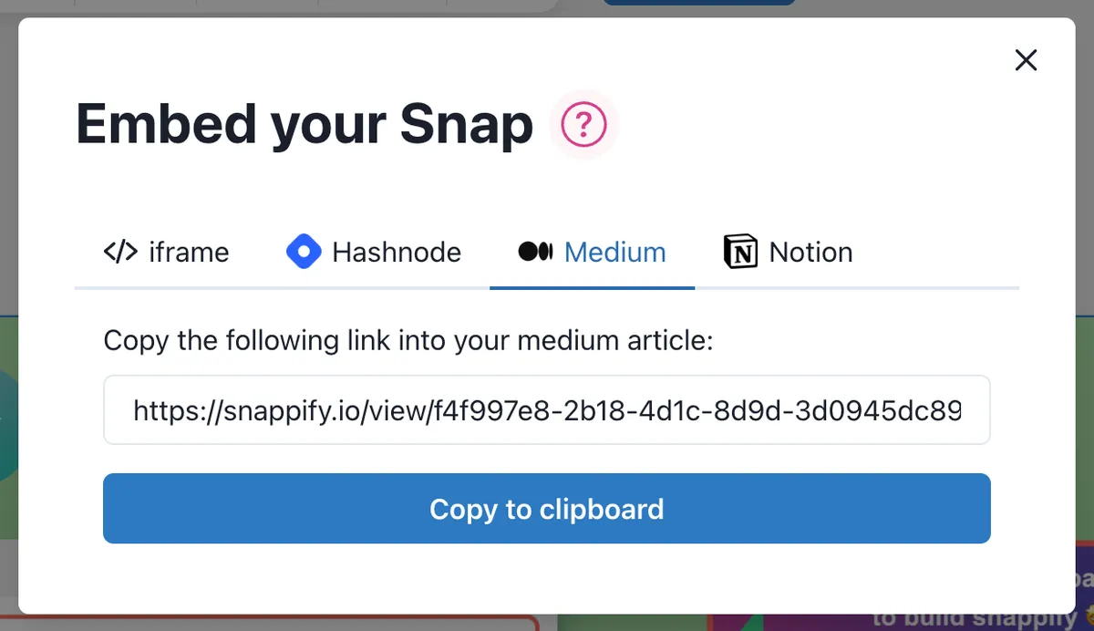 Screenshot of the embed modal for Medium