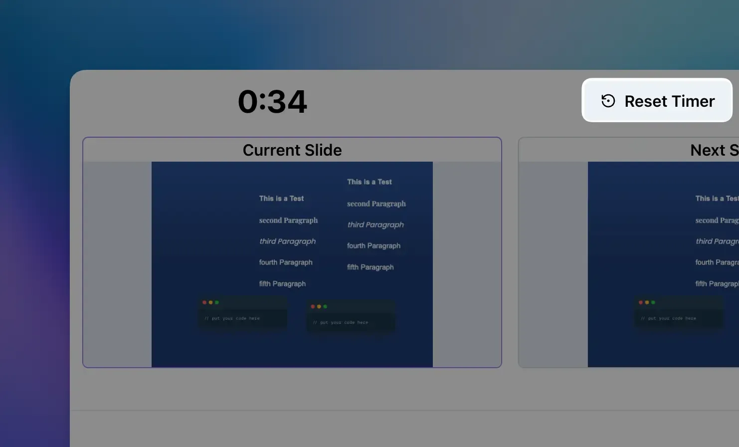 Picture showcasing the reset timer button in the presenter view
