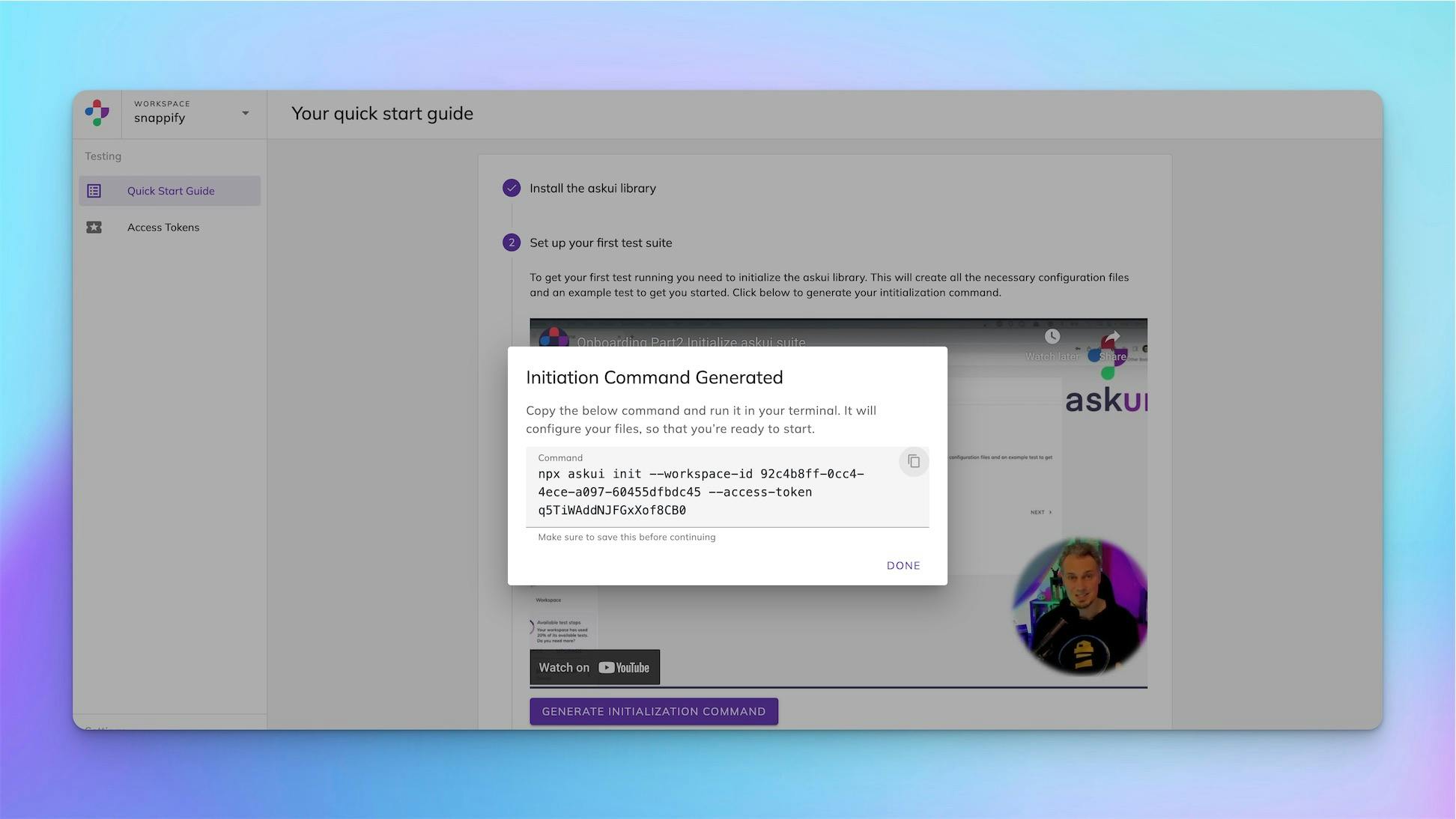 Screenshot showing the modal where you can access your credentials for askui