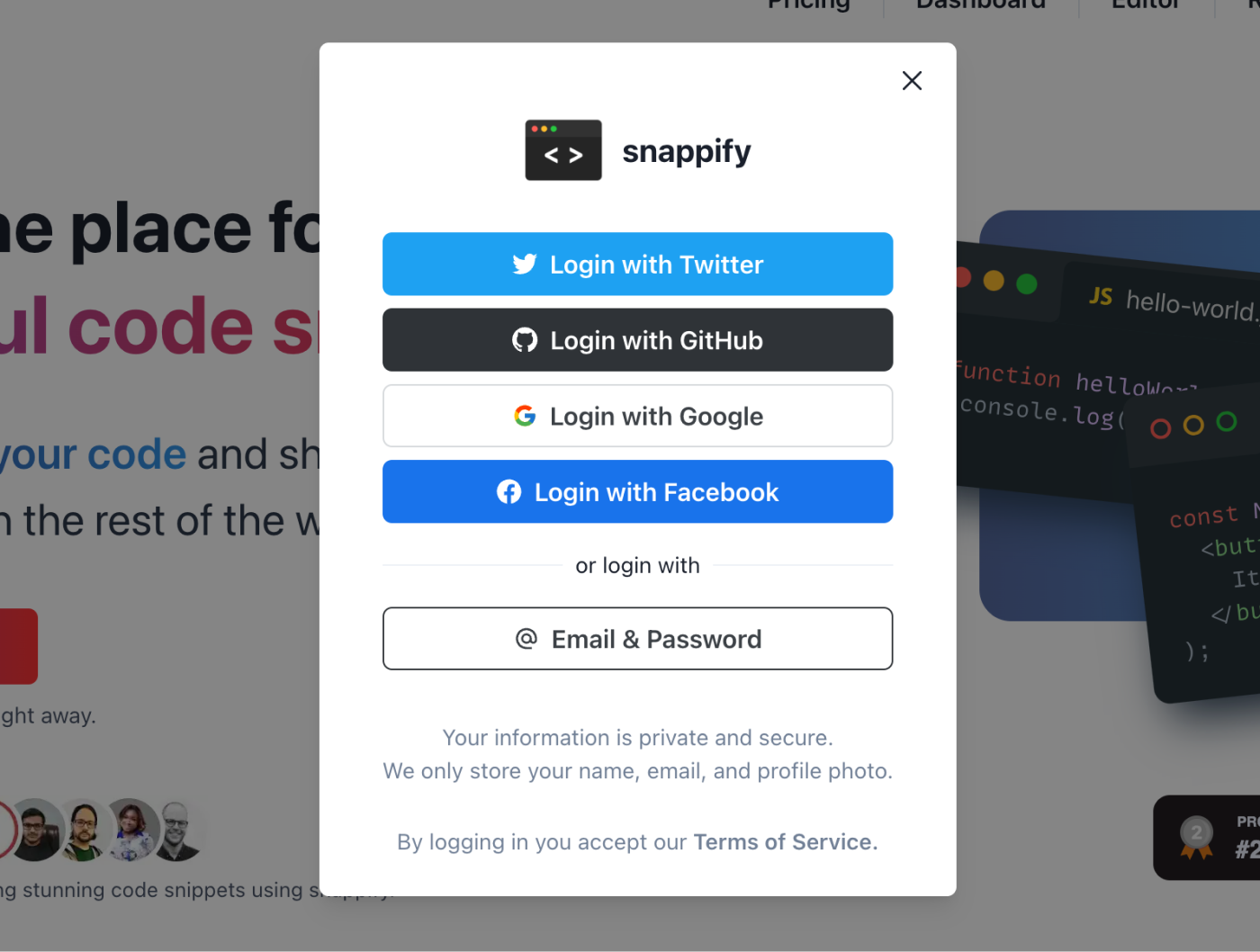 Screenshot of the snappify login modal