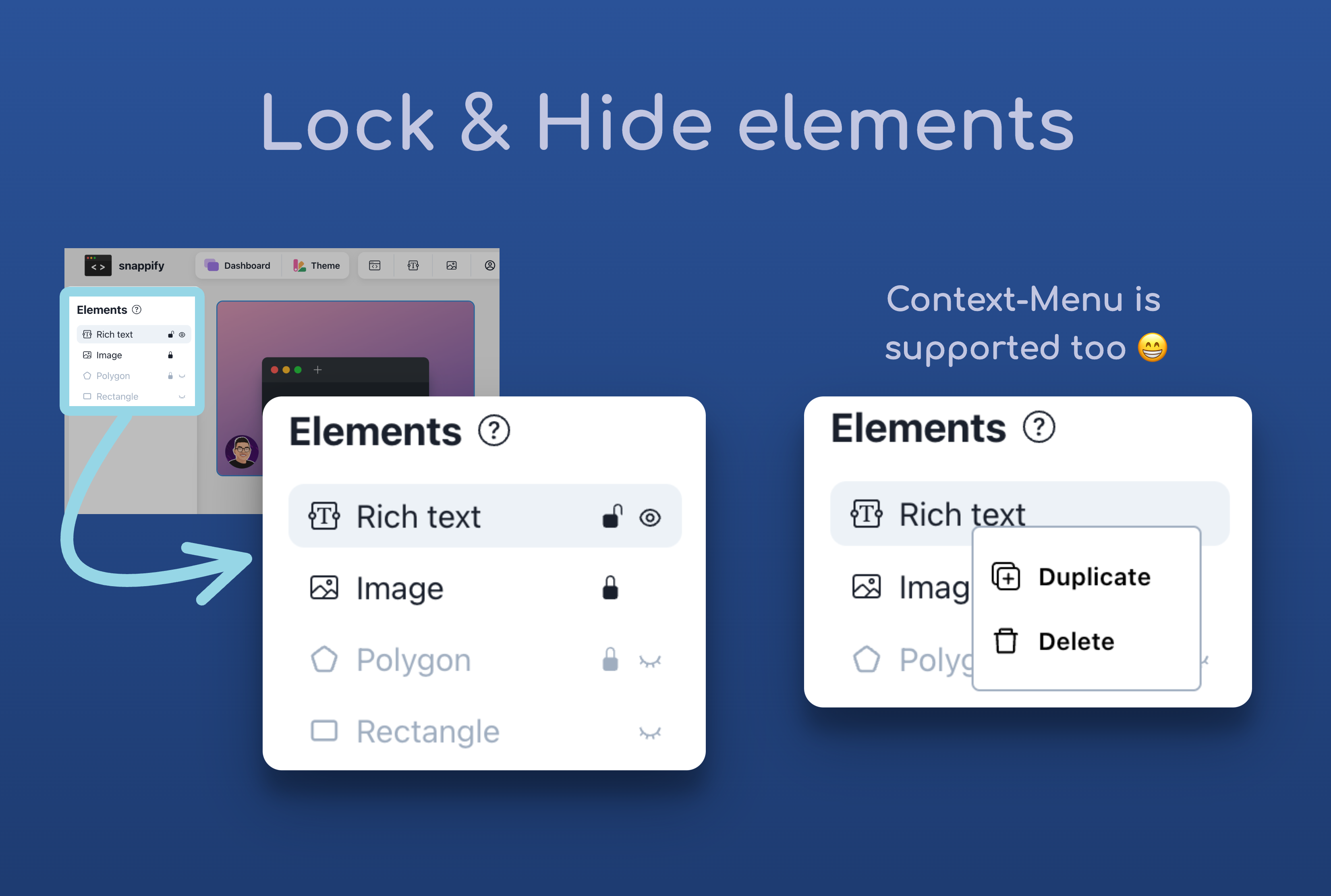 Promotion Image showcasing the new lock & hide element feature