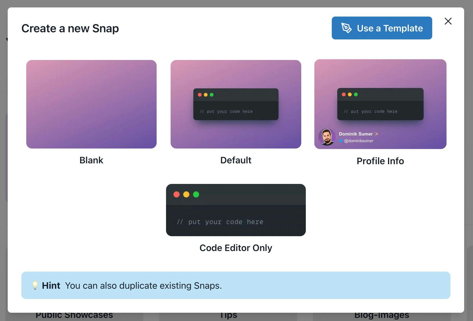Screenshot of the new snap modal