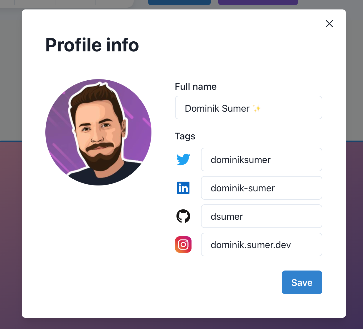 Screenshot of the profile info modal