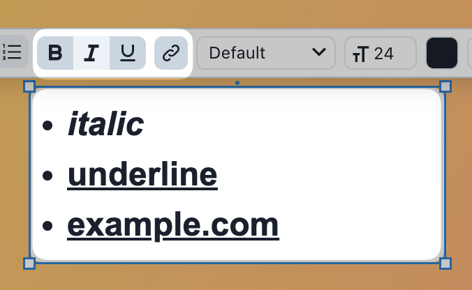 Richtext inline toolbar with italic, underline and link formatting options