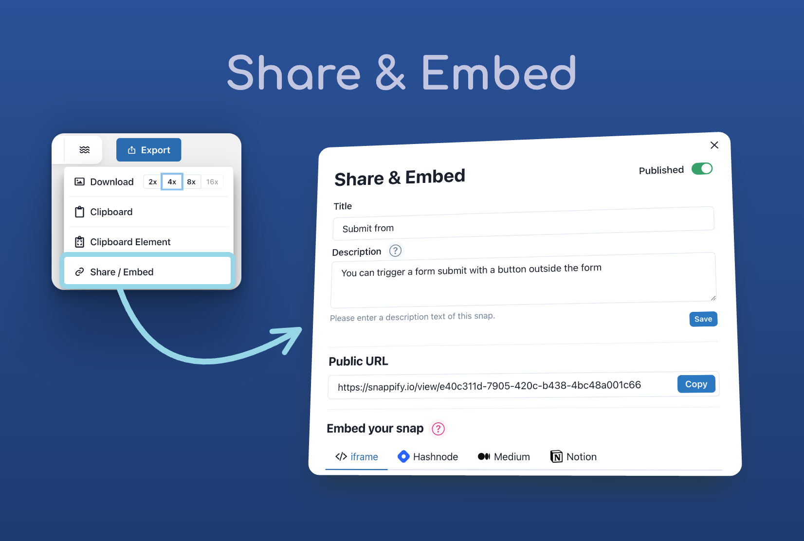 Promotion Image showcasing the new Share & Embed modal