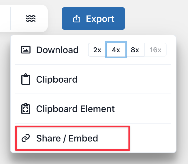 Screenshot showing the export popover with the embed item