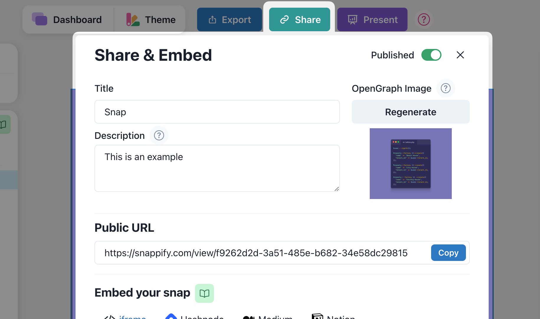 Screenshot of the Share / Embed modal