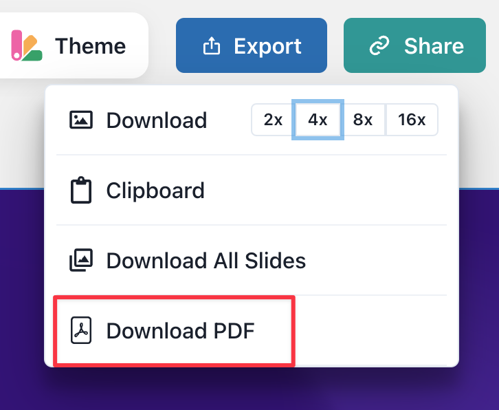 Screenshot of the PDF export option